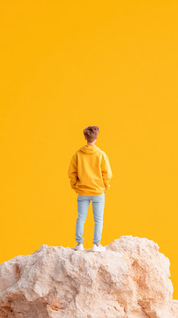 Young man in vibrant yellow hoodie, light blue jeans, and white sneakers stands on a rugged, light-colored rock formation, hands in pockets.の素材