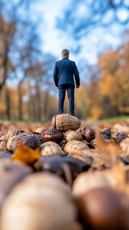 Man in suit standing on chestnuts outdoorsの素材