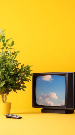 Old television showing a serene sky with cloudsの素材