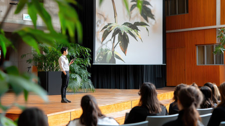 Woman speaking on stage to seated audience membersの素材