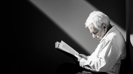 An older man is deeply engrossed in reading a bookの素材