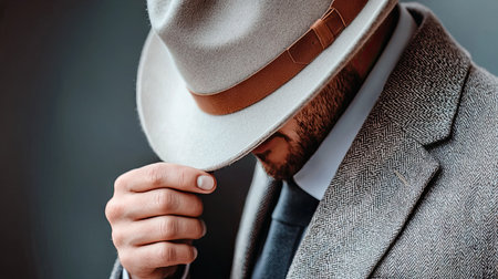 Close-up of man adjusting white fedora hat and wearing gray suitの素材