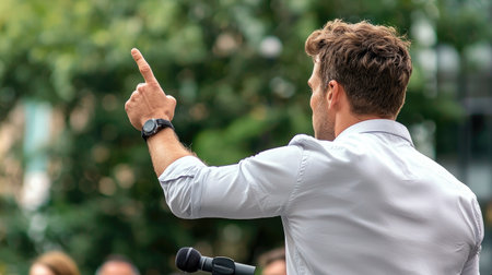 Rear view of man speaking into microphone with hand raised and pointingの素材