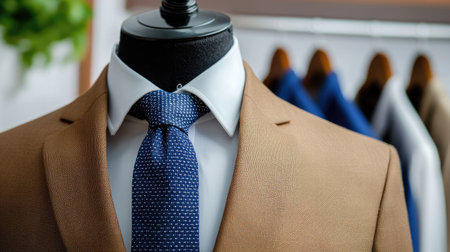 Close up of mannequin in brown suit jacket white shirt and blue tieの素材