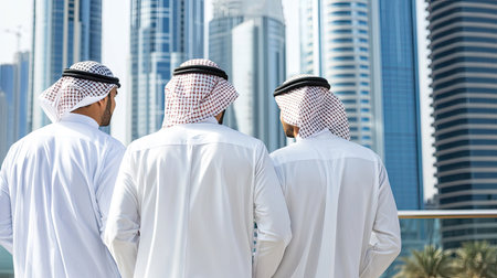 Men wearing white dishdasha and keffiyeh standing togetherの素材