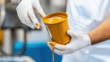 Hands wearing gloves holding and pouring orange liquidの素材