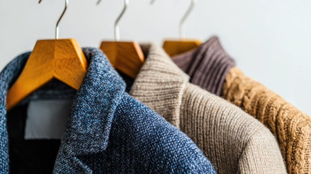 Collection of sweaters on wooden hangersの素材