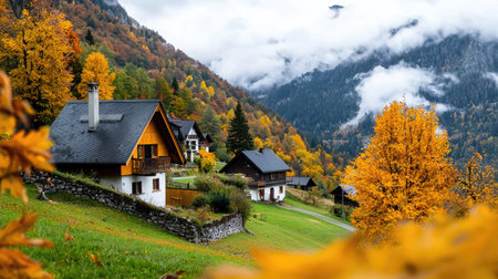 Cozy white chalet with orange roof and chimney surrounded by orange treesの素材