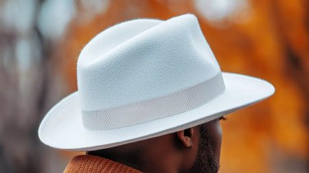 Man wearing a white fedora hat with a wide brim and indented crownの素材
