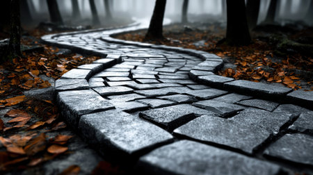 A winding stone pathway surrounded by autumn leavesの素材