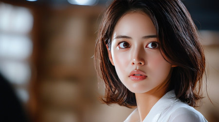 Close-up of a young Asian woman with short dark hair and white shirtの素材