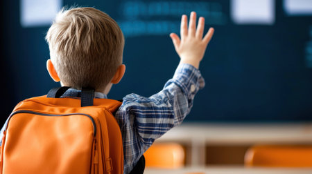 Back view of a young boy with orange backpack raising his handの素材
