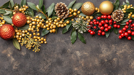 Assorted Christmas ornaments and festive berries arrangementの素材