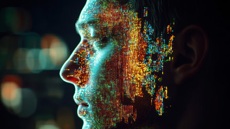 A man's profile with a pixelated digital overlay on his faceの素材
