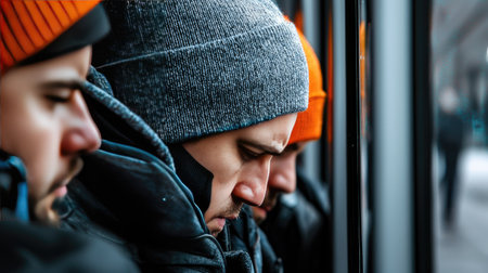 Close-up of men wearing hats on a bus or trainの素材