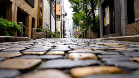 Detailed view of cobblestone street surface textureの素材
