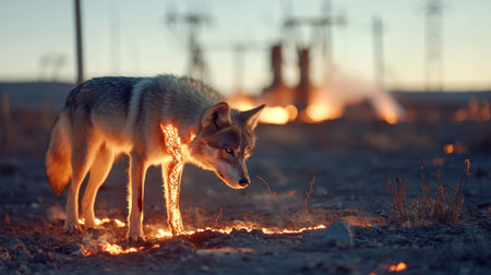 A coyote standing on dry ground illuminated by sunset lightの素材