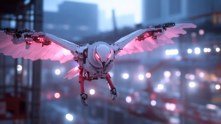 A sleek robotic drone with pink illuminated wings in flightの素材