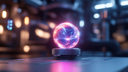 A crystal ball emitting a vibrant purple glow on a black stand.の素材