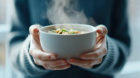 Person cradling steaming bowl of soupの素材