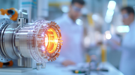 Close up of a laser cutting machine with a bright orange glowの素材