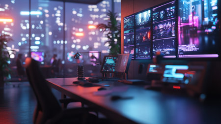 Person sitting at desk with multiple computer monitors displaying dataの素材