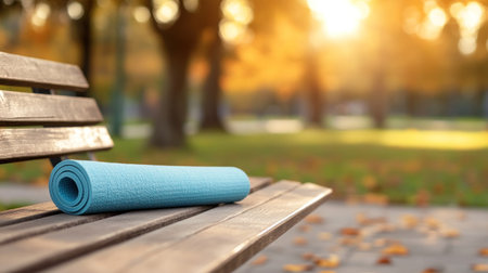Rolled blue yoga mat on wooden bench outdoorsの素材