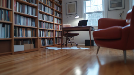Luxurious red leather armchair in a studyの素材