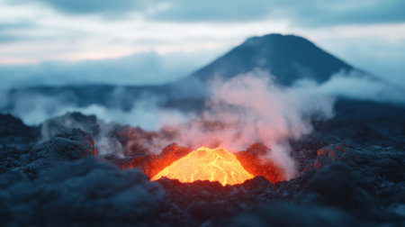 Molten lava flowing from a volcanic crater surrounded by smoke and ashの素材