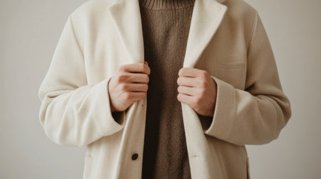Person wearing beige coat over brown sweater indoorsの素材