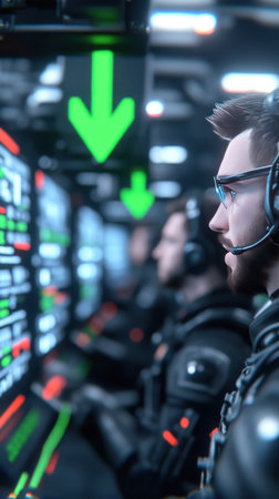 Man with headset in front of multiple computer screensの素材