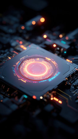 Close-up of microchip with glowing circuitry and neon lightsの素材