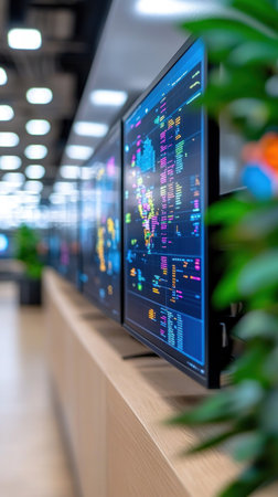 A sleek digital display screen showing data and graphs in a contemporary settingの素材