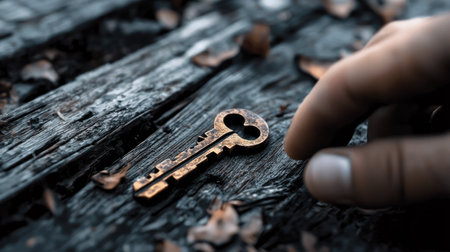 A person's hand is about to pick up an old skeleton key lying on wooden planksの素材