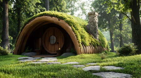 Cozy round hobbit house with lush green roof and stone chimneyの素材