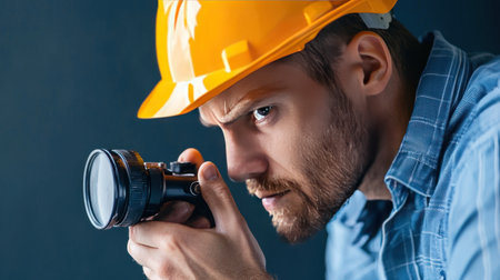 Close up of man holding flashlightの素材