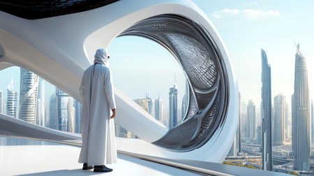 Man wearing traditional robe standing near futuristic architectural featureの素材