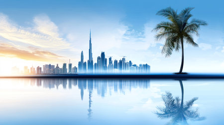 Solitary palm tree with cityscape reflection in waterの素材