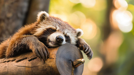 A cute raccoon resting on a wooden logの素材
