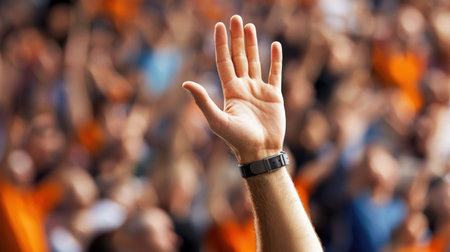 A persons hand raised with palm facing outward wearing a black wristwatchの素材