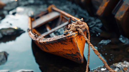 A rusted metal boat with ropes tied to it, floating in murky waterの素材