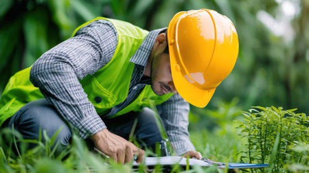 Man wearing yellow hard hat and safety vest inspecting plants with a toolの素材