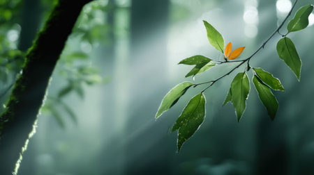 A small yellow flower on a branch with green leavesの素材