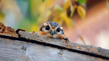 Owl hiding behind a wooden plank outsideの素材