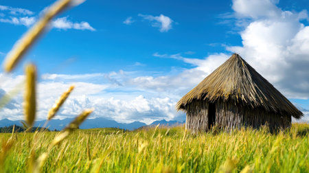 Rural hut with thatched roof in grassy fieldの素材