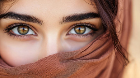 Close-up portrait of a woman's face partially covered with a brown headscarfの素材