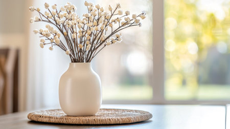 A white vase holding small white flowers on a round woven matの素材