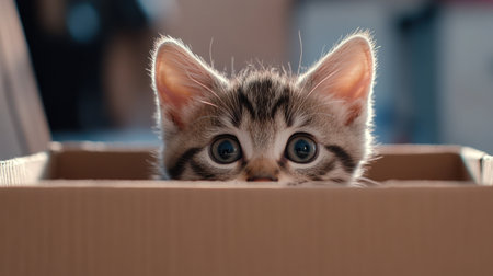 A cute kitten looking out from a cardboard boxの素材