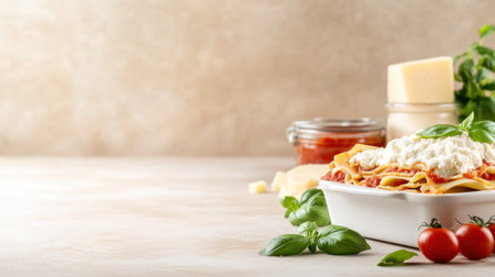 Pasta dish with tomato sauce and basilの素材