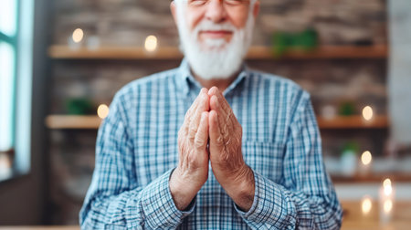 Older man with white beard and hands togetherの素材